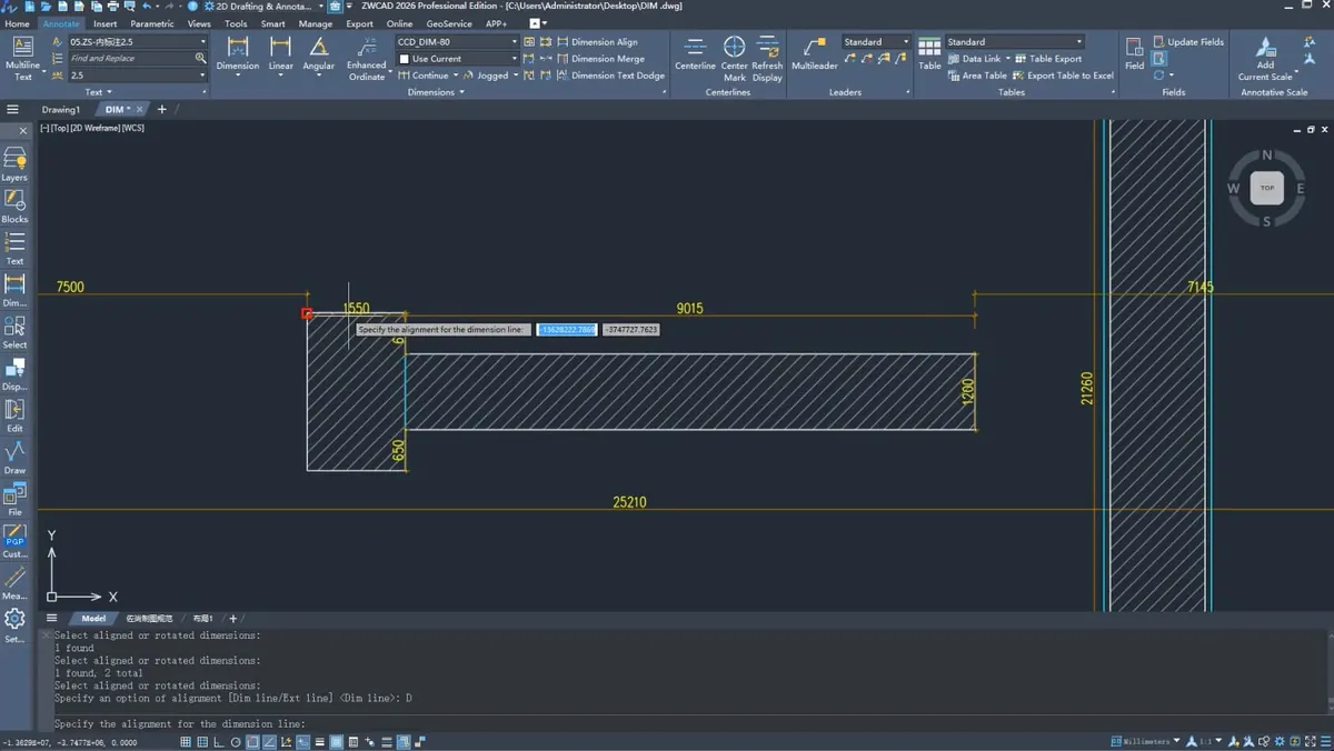ZWCAD 2026 Professional arayüzü: DWG çizimi açık, Ribbon menü ve komut satırı görünür